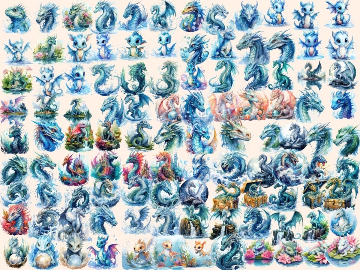 Water Dragons Watercolor Clipart blue dragon clipart - Wonders Artist