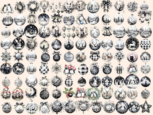 Valkoiset ja mustat joulukoristeet akvarellikuvitus