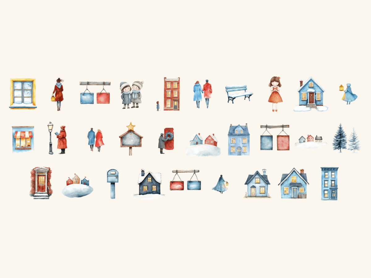 Winter Village Watercolor Clipart All Bundles Clipart Line Art - WondersArtist