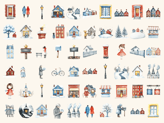 Winter Village Watercolor Clipart