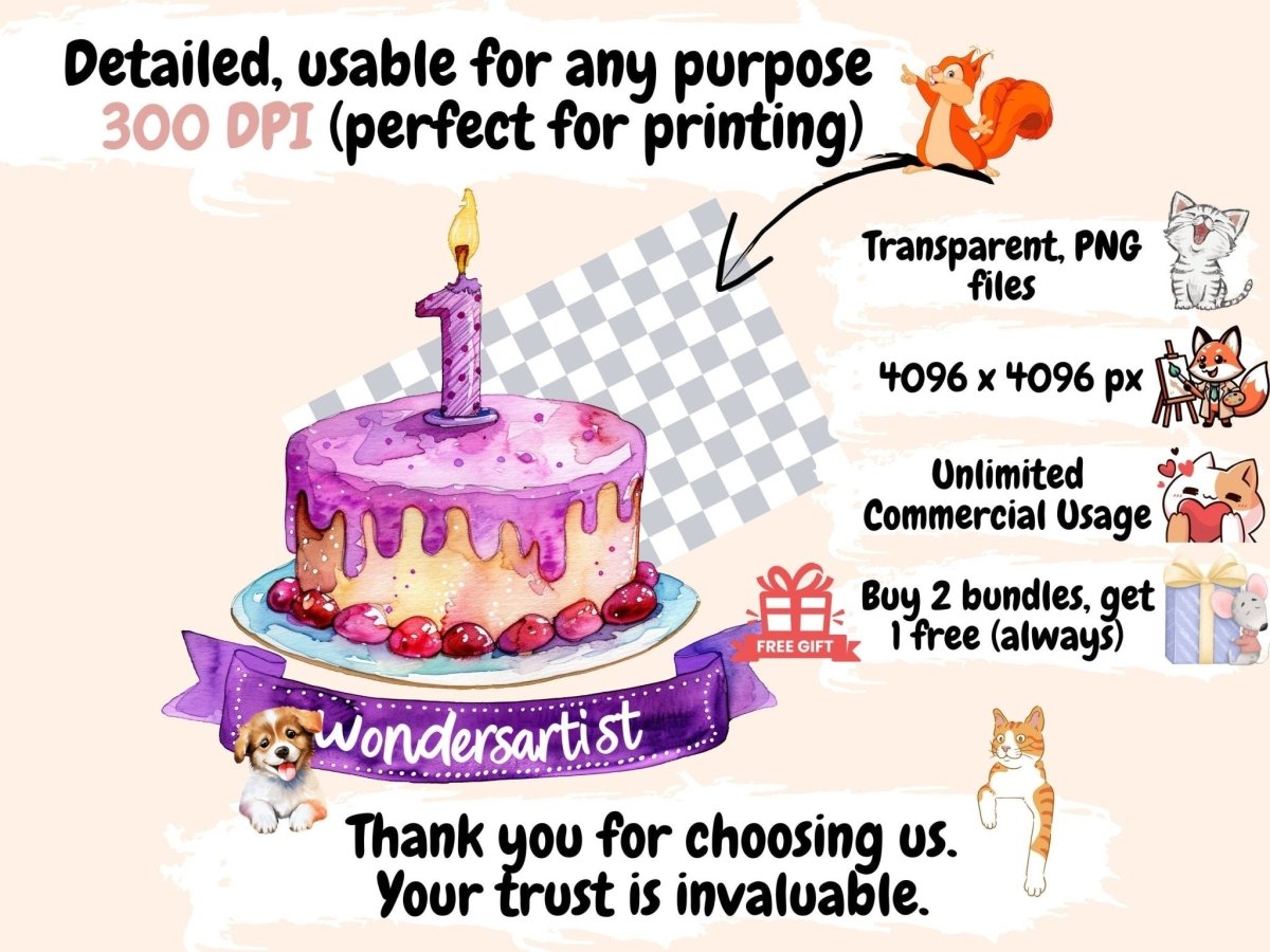 WondersArtist 1st Birthday Watercolor Clipart - Wonders Artist
