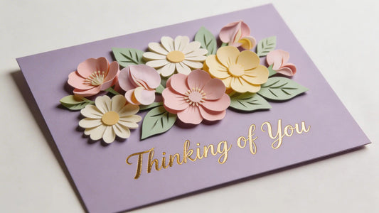 Handmade lavender card with layered 3D paper flowers and a gold foil ‘Thinking of You’ sentiment.