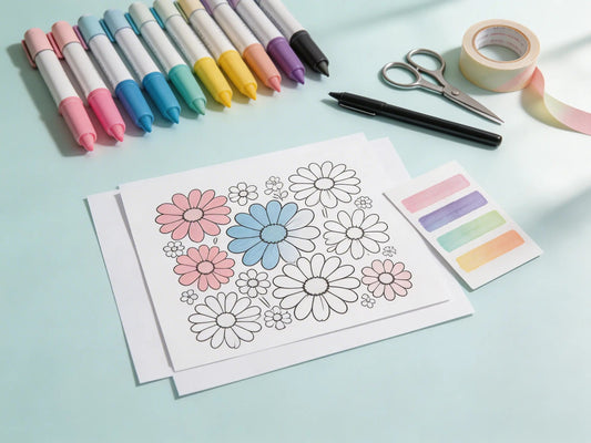 Alcohol markers and a partially colored floral printout on a pastel craft desk with blending swatches.