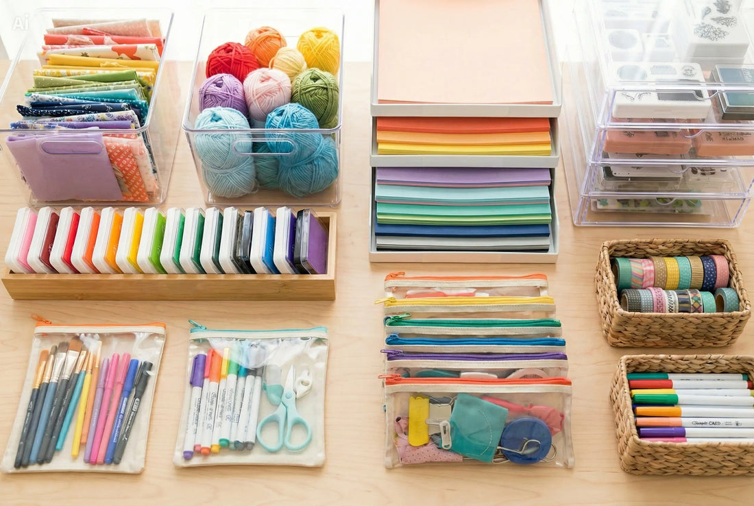 Organized craft supplies in labeled bins, trays, baskets, and stackable storage.