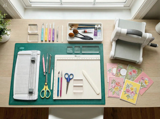 Different paper crafting tools including trimmer, scissors, acrylic blocks, tweezers, brushes, and adhesives.