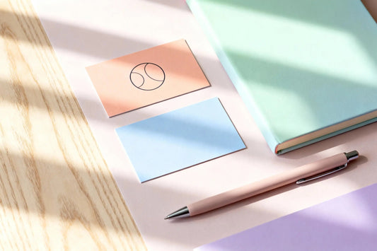 Flat lay of pastel business cards and simple logo icons on a light desk with a notebook and pen, styled as cozy small-business branding.