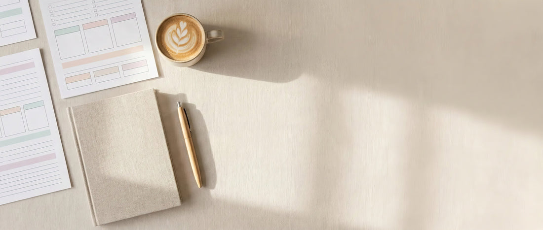 Cozy flat lay of pastel printable worksheets, a beige notebook, gold pen, and a latte on a soft neutral desk with warm sunlight.