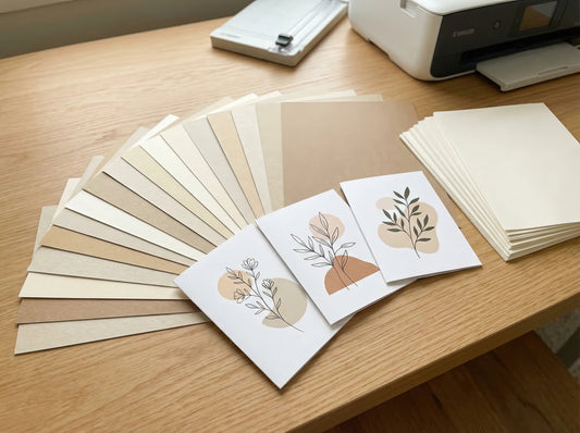 Flatlay of different cardstock sheets, finished printable cards, and a paper trimmer on a wooden desk with a home printer in the background.