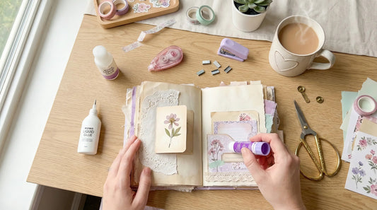 Flatlay of a junk journal page in progress on a wooden desk, surrounded by glue sticks, liquid glue, tape runner and a small stapler for paper crafting.