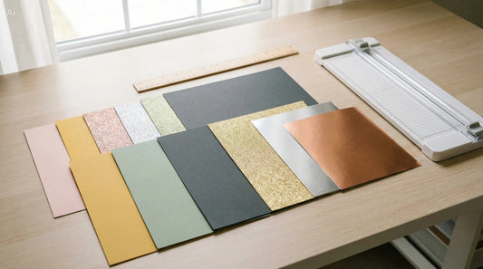 Assorted cardstock sheets in different colors and finishes with a ruler on a craft table.