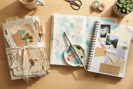 Flatlay of a junk journal, an art journal and a smash book on a wooden desk, with ephemera, paint and photos showing the differences between each style.