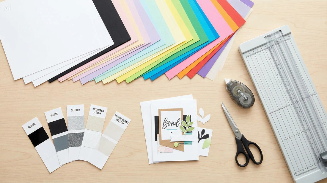 Flat lay of colorful cardstock swatches and paper crafting tools on a clean desk.