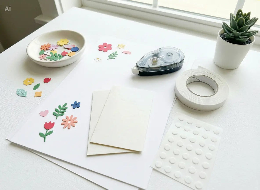 Papercrafting adhesives including glue pen, tape runner, foam tape, and adhesive sheets on a craft table.