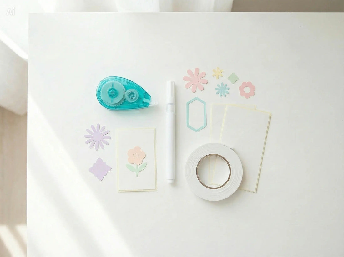 Cardmaking adhesives including tape runner, glue pen, foam tape, and double-sided adhesive sheets.