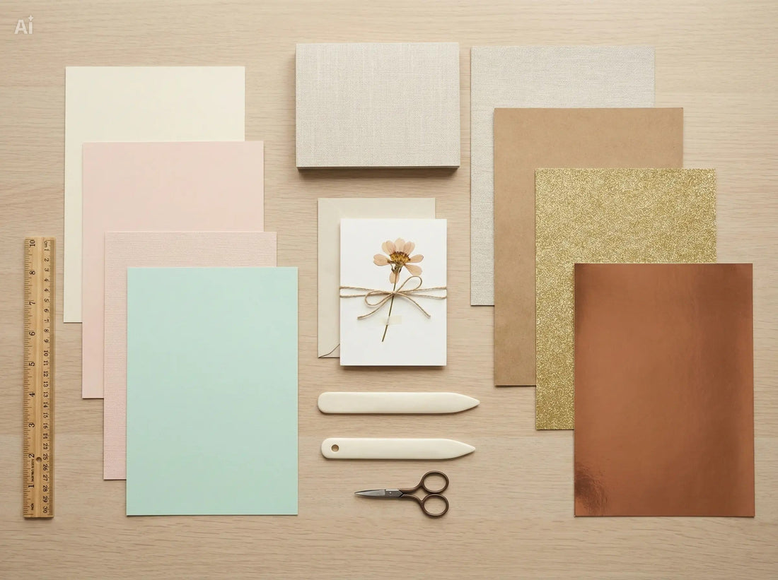 Assorted cardstock sheets with an envelope and a handmade card on a craft table.