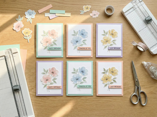 Multiple handmade cards with matching floral clipart and sentiments arranged on a light wood desk, surrounded by printed images, a paper trimmer, and a cup of tea.