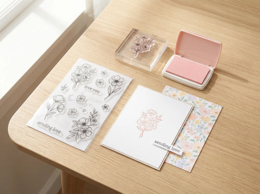 Soft floral clear stamps, acrylic block, pink ink pad, and a handmade “sending love” card on a wooden desk.