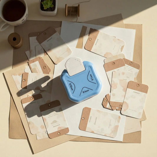 Heavy-duty corner rounder punch on a cozy craft desk surrounded by journaling cards and laminated tags with neatly rounded corners.