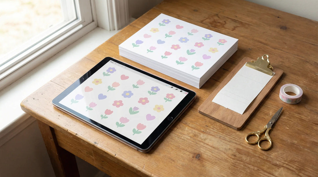 Flat lay of a tablet showing digital clipart next to printed clipart sheets, with scissors, washi tape, and a small receipt on a wooden desk.