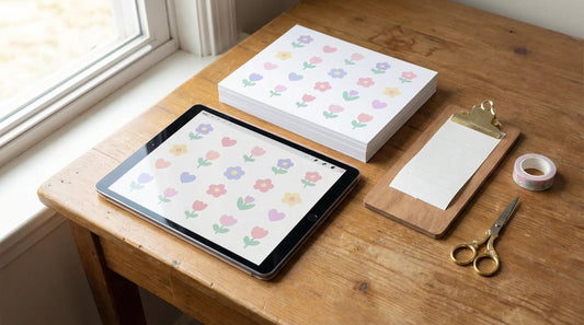 Flat lay of a tablet showing digital clipart next to printed clipart sheets, with scissors, washi tape, and a small receipt on a wooden desk.