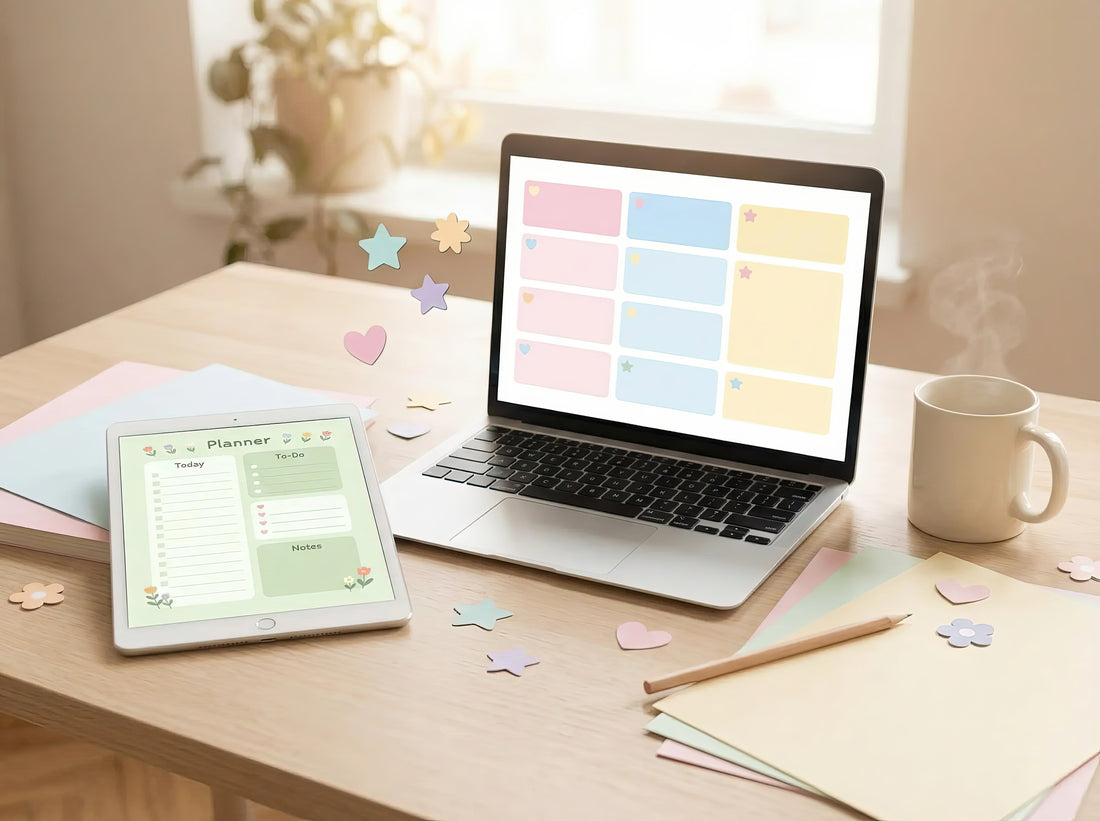 Laptop and tablet on a wooden desk showing editable planner and social media templates, surrounded by printed pages, pencil and coffee cup.