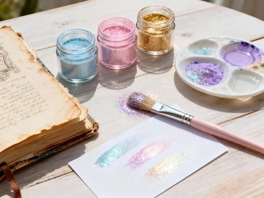 Flat lay of a junk journaling workspace with small jars of shimmering mica powder, a paintbrush, and a vintage-style open journal on a light wooden desk.