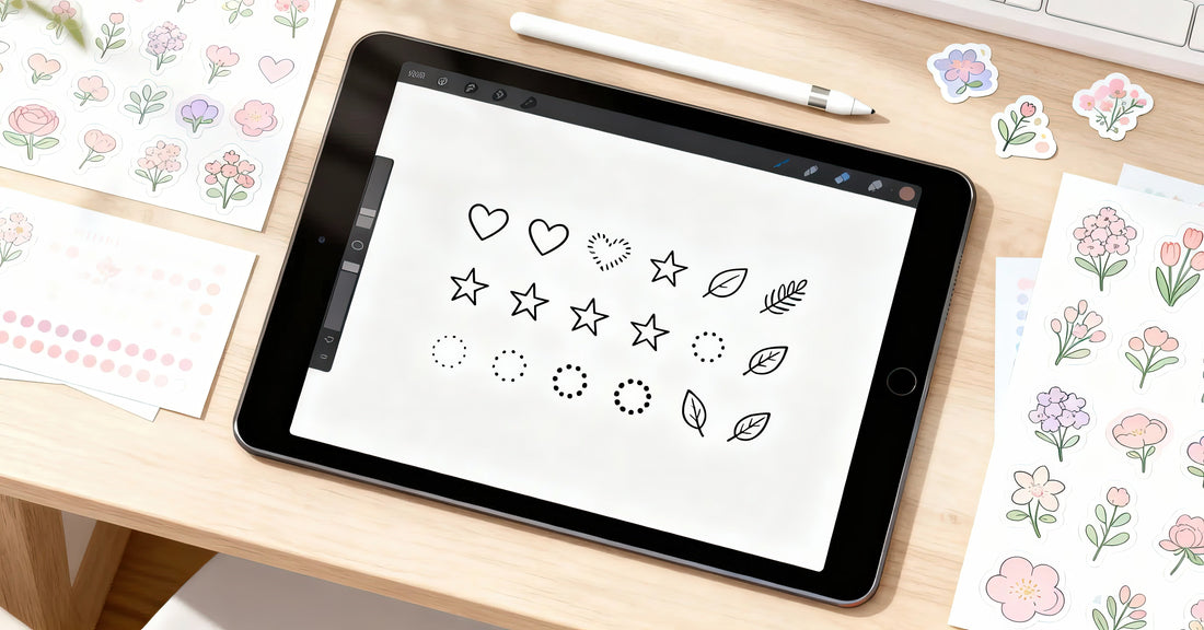 Tablet on a wooden desk showing simple black Procreate stamp shapes (hearts, stars, dots, leaves), surrounded by pastel floral clipart sticker sheets and a white stylus.