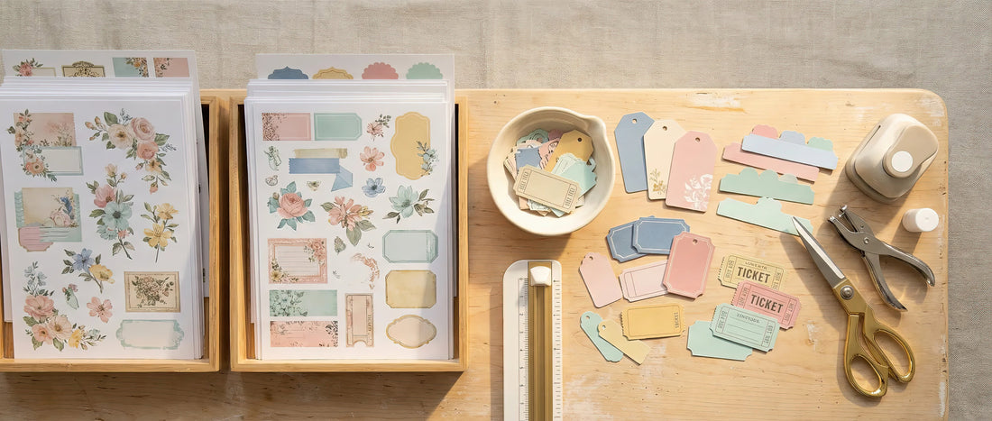 Printed clipart sheets on a desk beside fussy-cut die-cuts, tags and tabs, with scissors and a hole punch ready for making journal and card embellishments.
