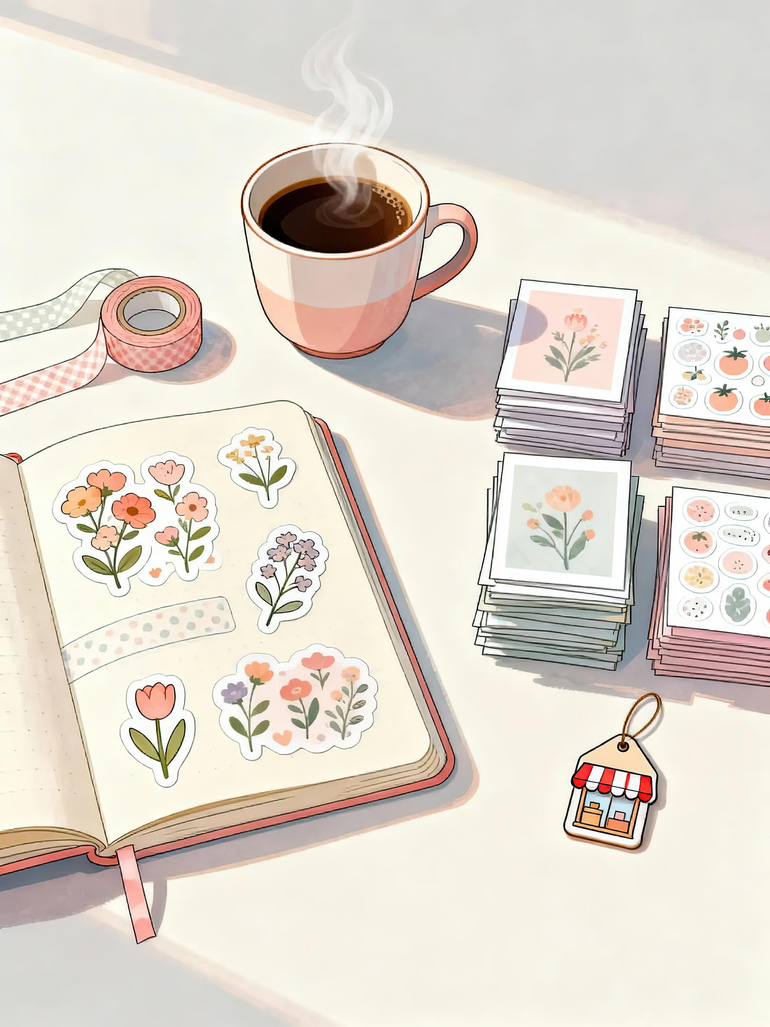Flat lay showing a cozy journal setup on one side and neatly packaged clipart products on the other, symbolizing personal versus commercial clipart use.
