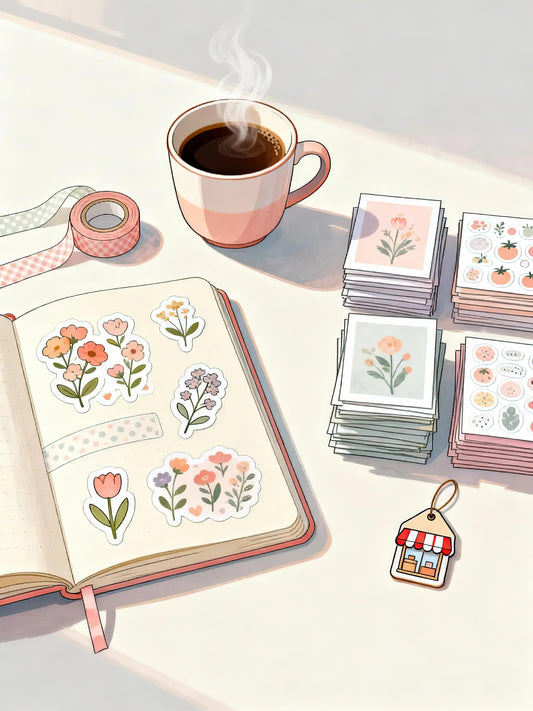 Flat lay showing a cozy journal setup on one side and neatly packaged clipart products on the other, symbolizing personal versus commercial clipart use.