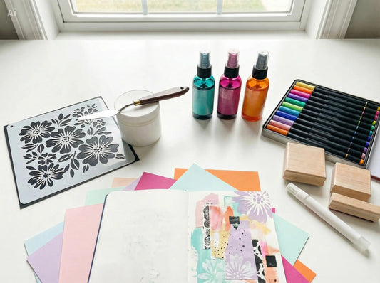 Mixed media art supplies including stencils, inks, embossing paste, stamps, and a journal page in progress.