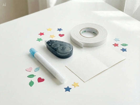 Paper crafting adhesives including a glue pen, tape runner, foam tape, and double-sided adhesive sheet.