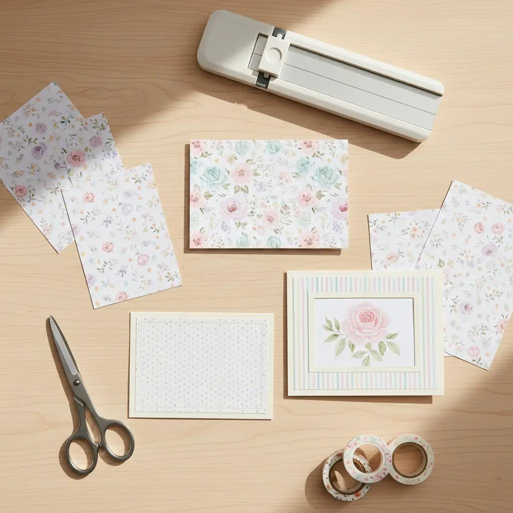 Overhead photo of several handmade cards on a wooden desk, showing digital papers used as a full background, a framed panel, and a window with a floral image peeking through, with tools and extra paper around them.