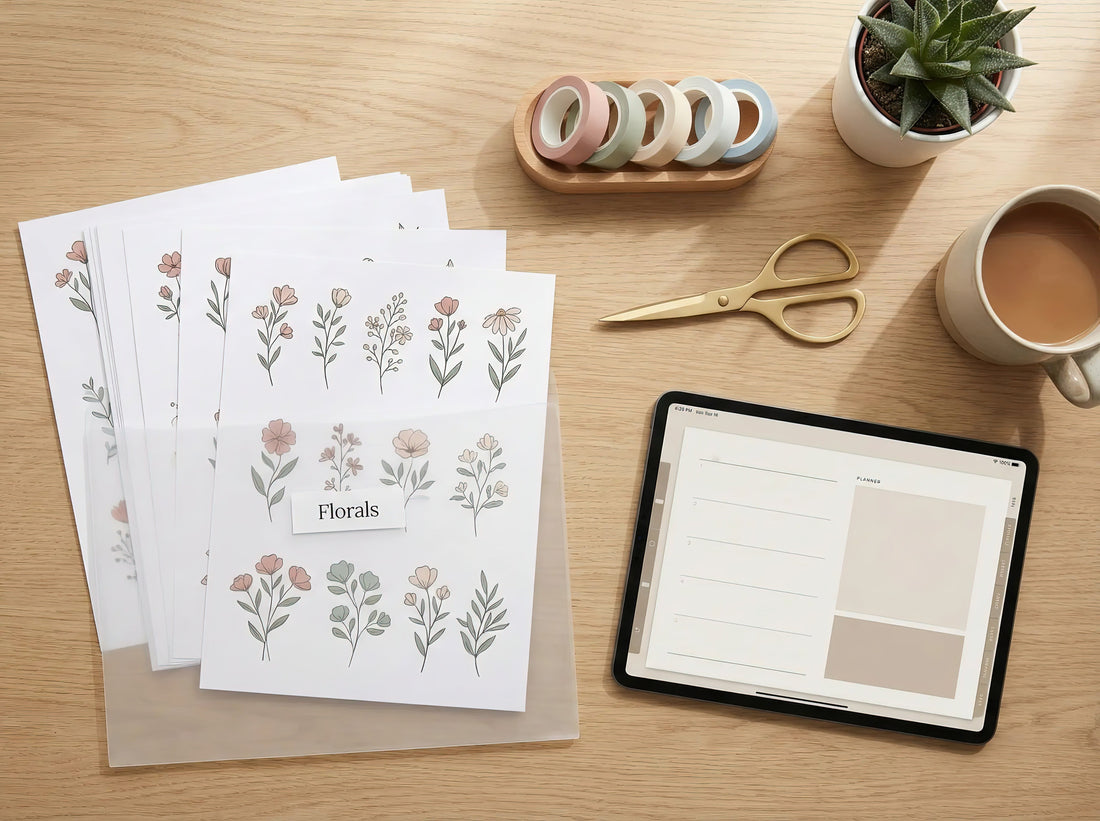 Printed floral clipart sheets labeled “Florals” on a light wooden desk, with pastel washi tapes, gold scissors, a tablet planner layout, a potted plant, and a cup of tea arranged in a cozy flatlay.