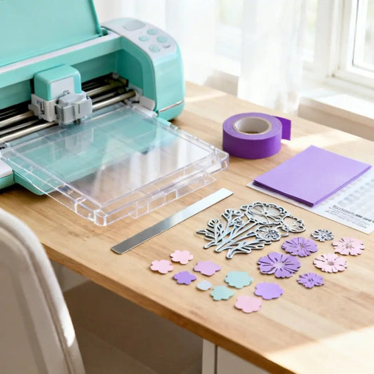 Flat lay of a die cutting machine with plates, metal shim, craft dies, tape, and cardstock die cuts.
