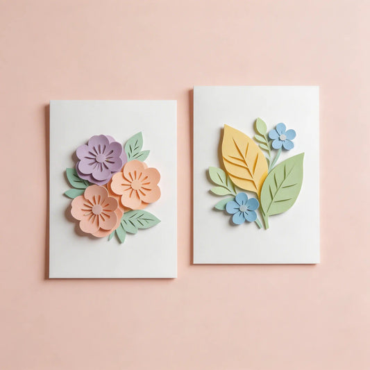 Two handmade cards with layered pastel paper flowers and leaves on a soft pink background.