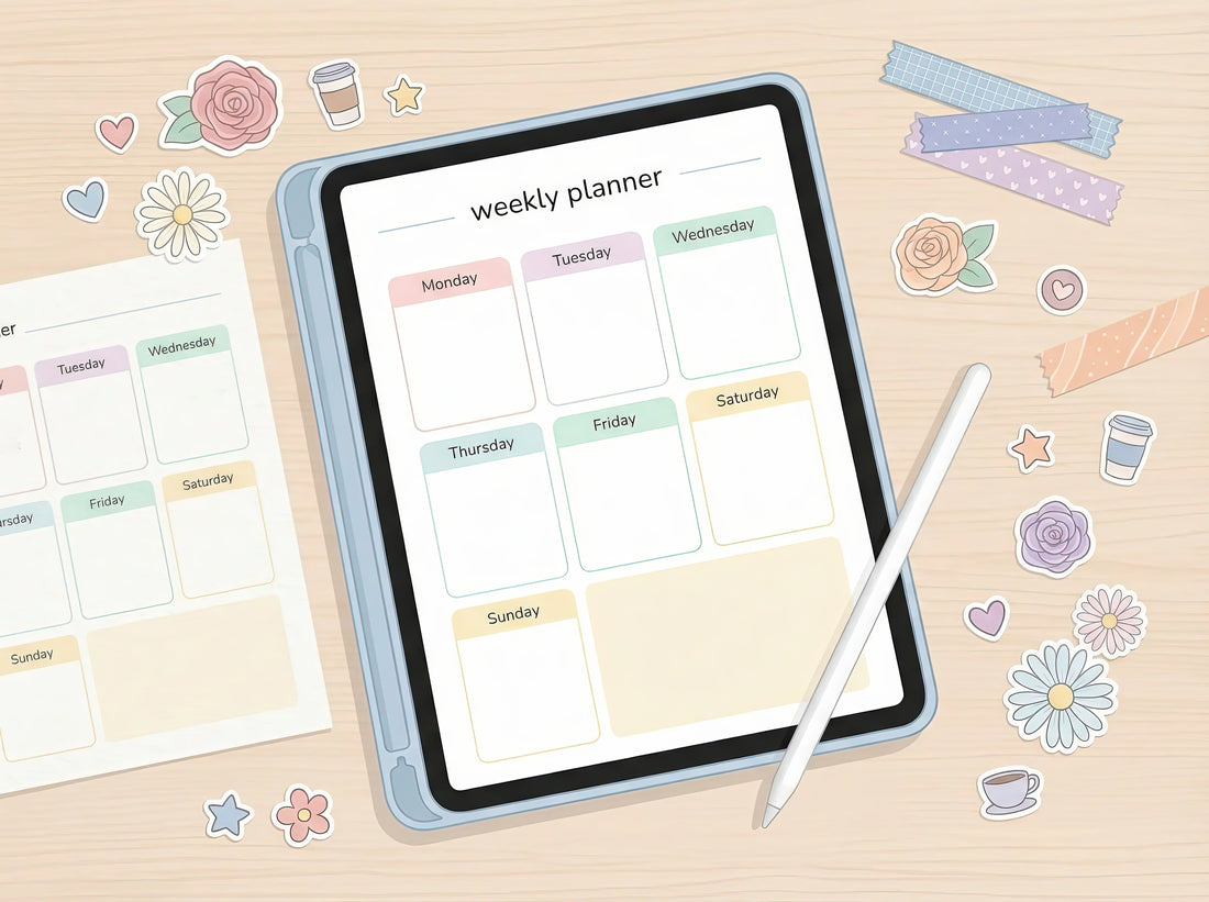 Digital illustration of a tablet showing a pastel weekly planner page with a stylus beside it, surrounded by cute floral and washi-tape style stickers on a light wooden desk.