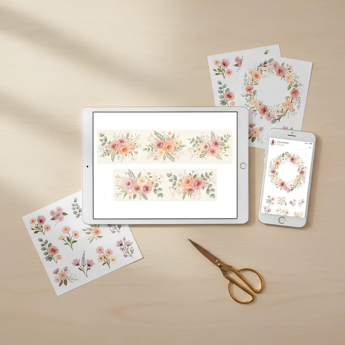 Pastel flat-lay showing a tablet and phone with clipart designs on screen, surrounded by printed stickers and scissors on a soft neutral desk.