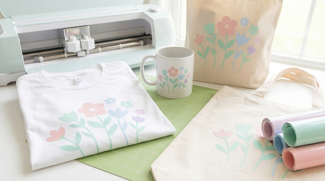 Pastel floral clipart printed on a white t-shirt, mug, and canvas tote bag on a green cutting mat, with vinyl rolls and a cutting machine in the background.