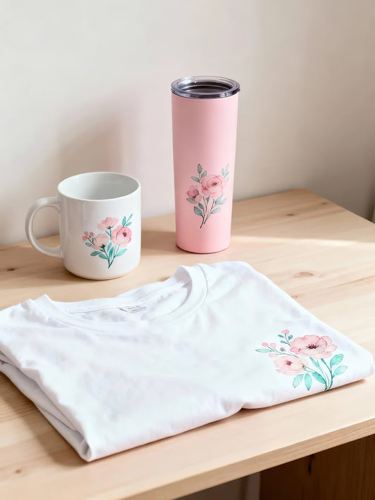 White mug, pink tumbler, and folded white t-shirt on a wooden table, each decorated with matching pastel floral clipart designs.