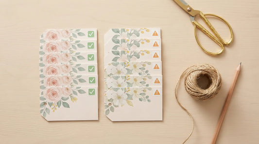Flat lay of two stacks of floral printable tags, one with green checkmarks and one with orange warning icons, with gold scissors, twine and a pencil on a light wooden desk.