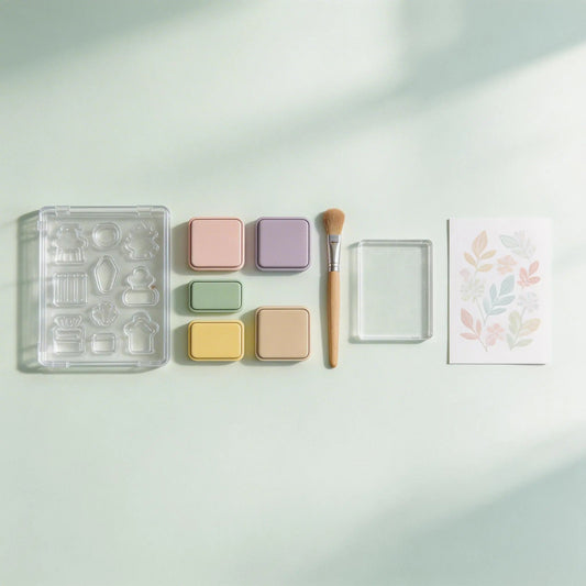 Minimal flatlay of pastel ink pads, a blending brush, acrylic block, clear stamps, and a floral card on a mint background.