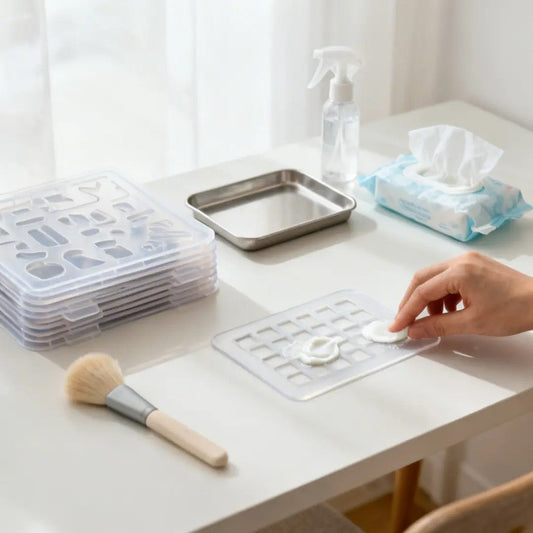 Stencil cleaning setup with wipes, spray bottle, brush, and stacked stencils ready for storage.