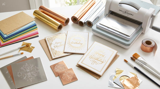 Hot foil plates, press plates, foil sheets, and handmade cards with metallic details