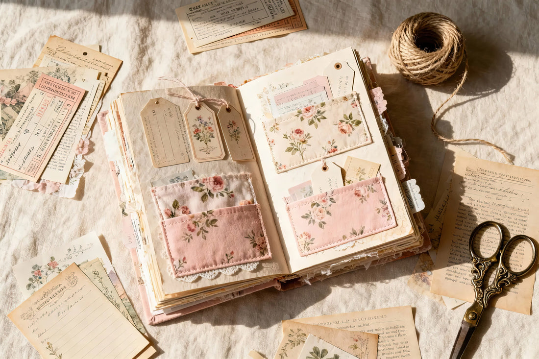 Open junk journal with pink floral pockets, tags, and vintage paper ephemera laid out on a sunlit linen cloth.