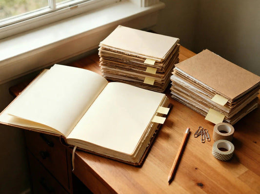 Overhead view of an open junk journal and labeled stacks of folded pages on a wooden desk with a ruler, pencil and washi tape, showing signature planning.