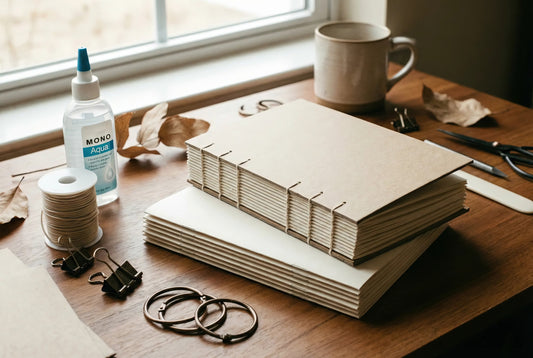 Overhead view of a chipboard junk journal cover with loose paper signatures, glue, elastic cord, and binder clips arranged on a wooden desk, ready to be assembled.
