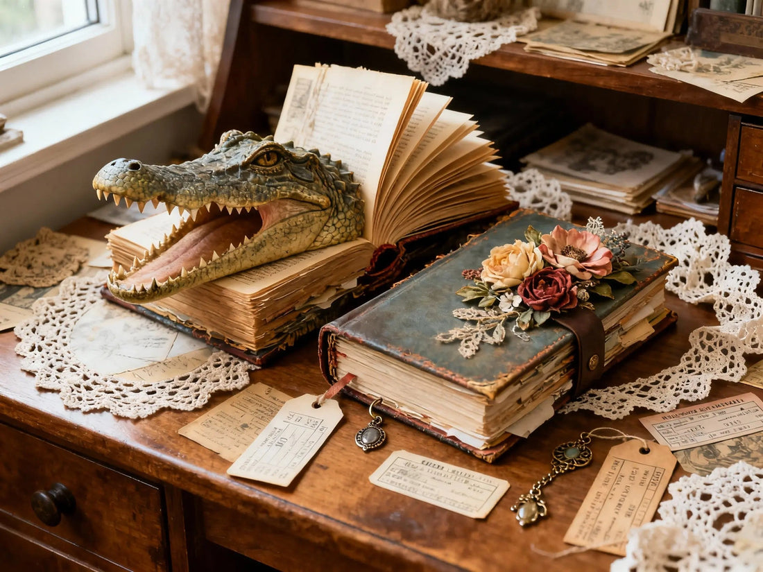 Overhead view of a chunky junk journal with pages splaying open beside a slimmer journal, surrounded by flat tags, tickets and a few bulky embellishments on a wooden desk.