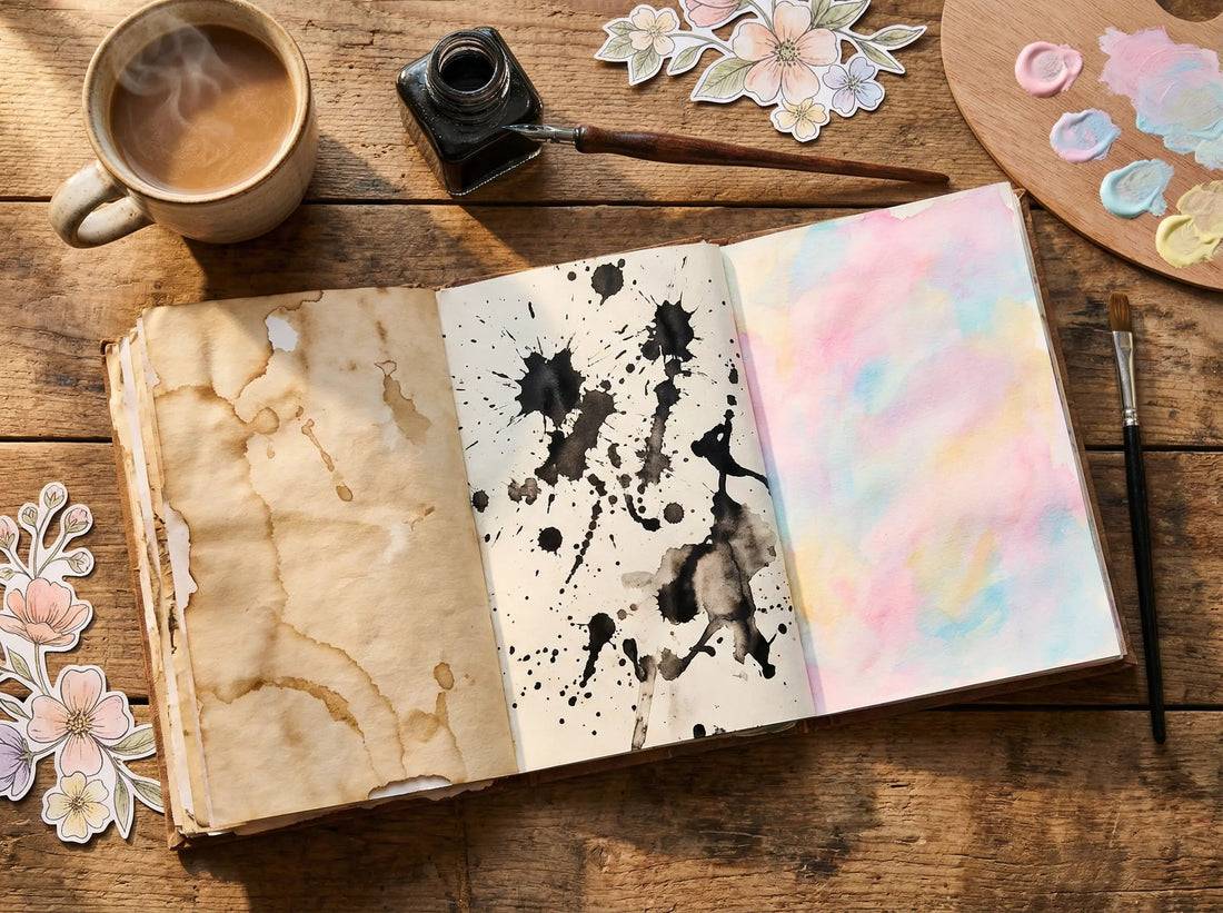 Overhead view of an open junk journal showing coffee-dyed, ink-splattered, and painted pages on a wooden desk with a coffee cup, ink bottle, and paintbrush nearby.