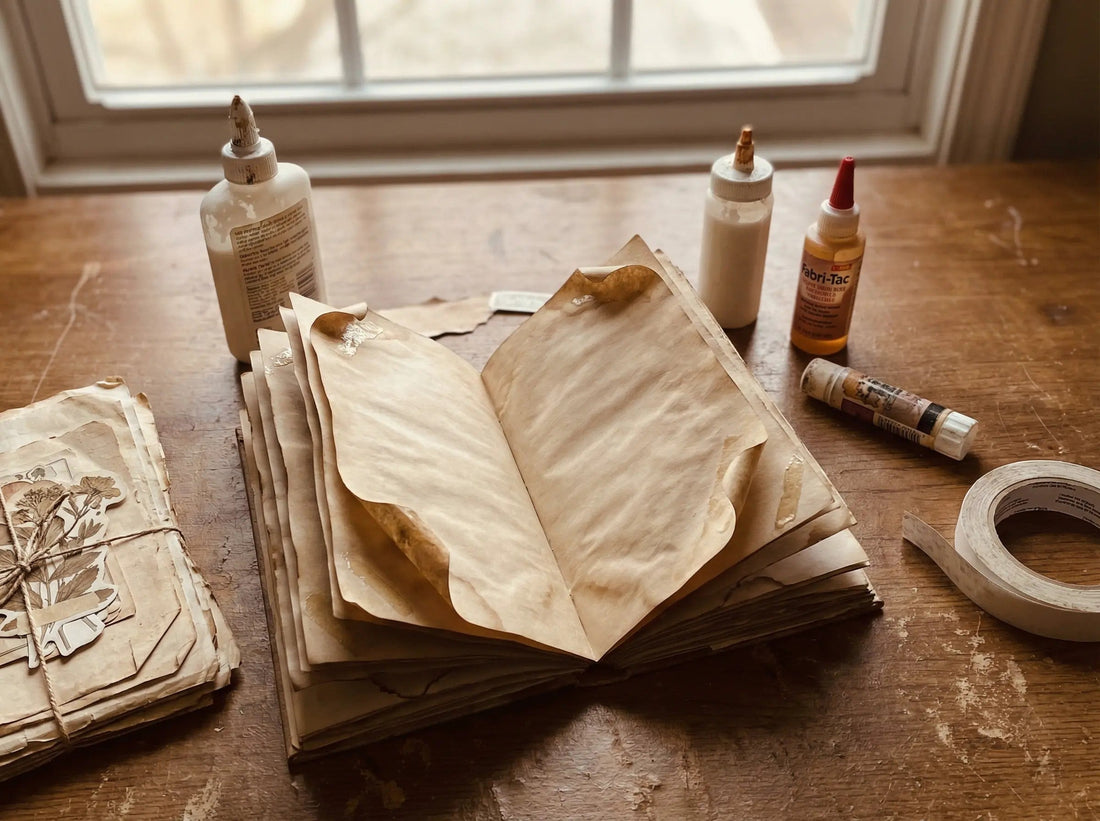 Open junk journal on a wooden desk with slightly warped coffee-dyed pages, surrounded by glue bottles, tape, and ephemera, showing a real-life mixed media workspace.